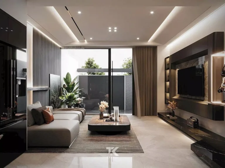 Phòng khách thiết kế nhà phố 2 tầng 1 tum hiện đại tối giản