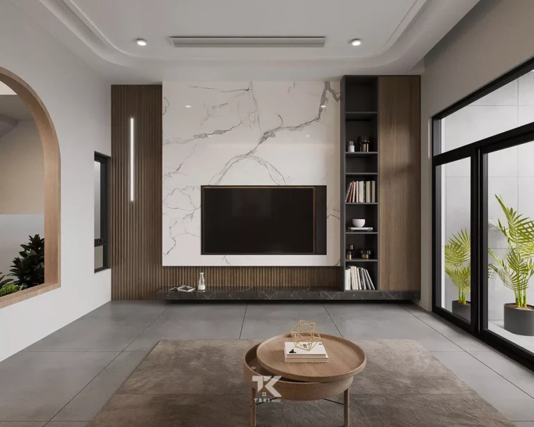 Phòng khách thiết kế nhà phố hướng Tây tối giản, mát và sáng