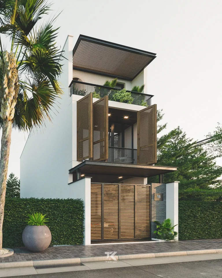 Mặt tiền thiết kế nhà phố hướng Tây với hệ lam cơ động