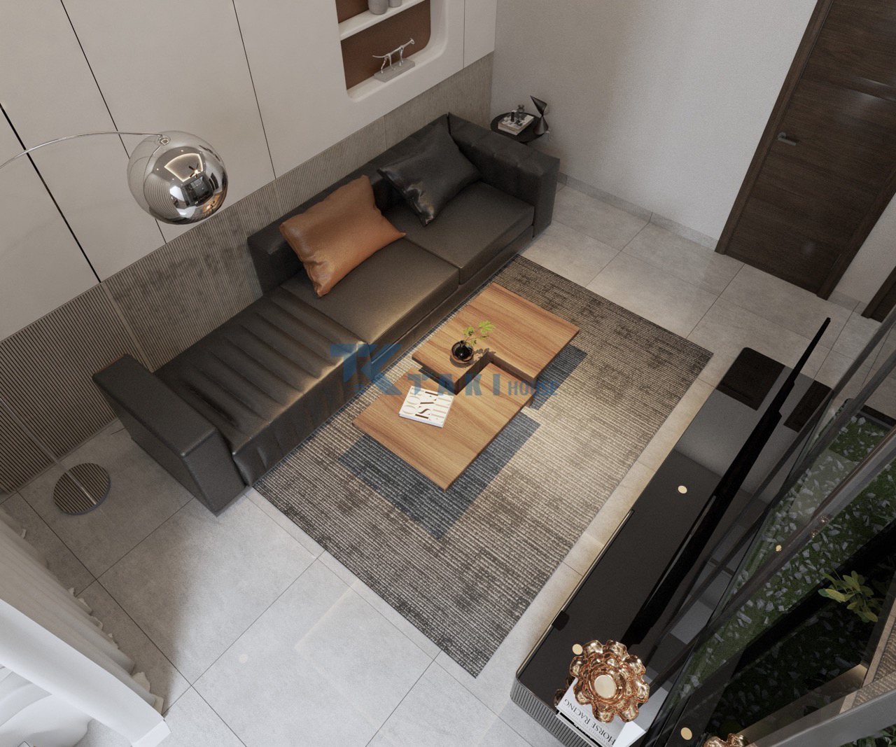 nha-pho-3-tang-vua-o-vua-lam-spa Phòng khách gia đình với sofa da và bàn trà gỗ nhìn từ trên cao
