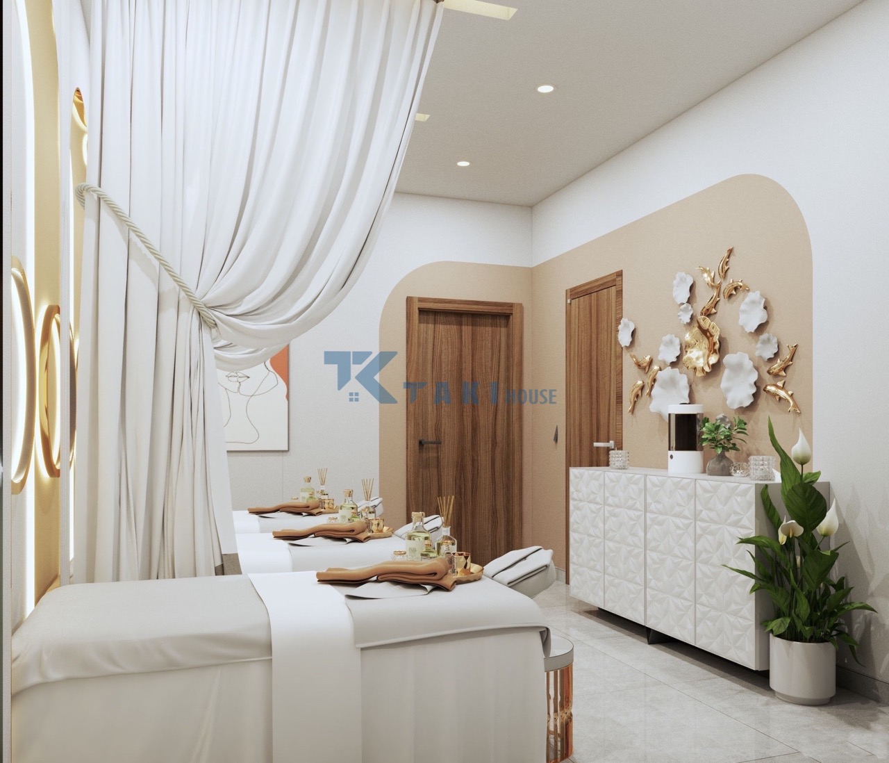 nha-pho-3-tang-vua-o-vua-lam-spa Phòng dịch vụ spa với giường massage bọc nệm trắng và rèm vải riêng tư
