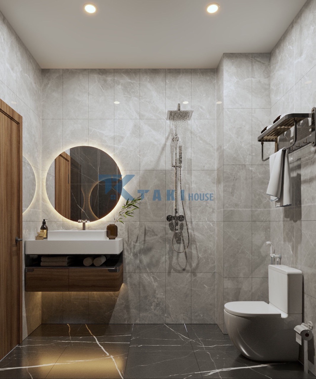 nha-pho-3-tang-vua-o-vua-lam-spa Nhà vệ sinh với gạch marble xám, lavabo treo và gương tròn viền sáng