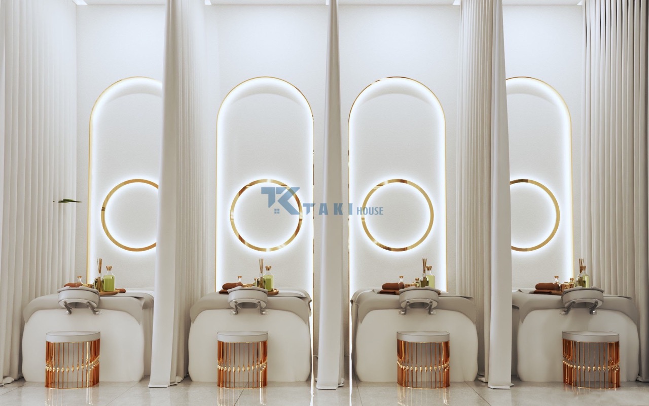 nha-pho-3-tang-vua-o-vua-lam-spa Khu vực gội đầu spa với 4 giường gội song song và gương tròn viền vàng